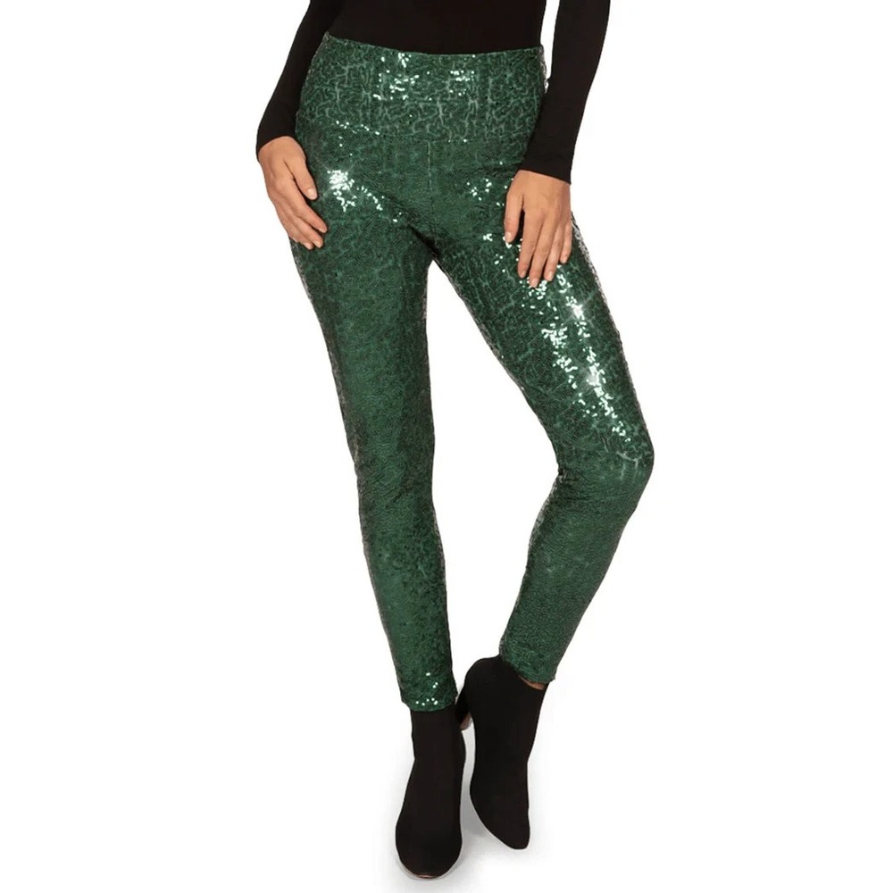 TIPSY ELVES DARK GREEN SEQUIN HIGH WAIST LEGGINGS - Women's Size Large -LINED